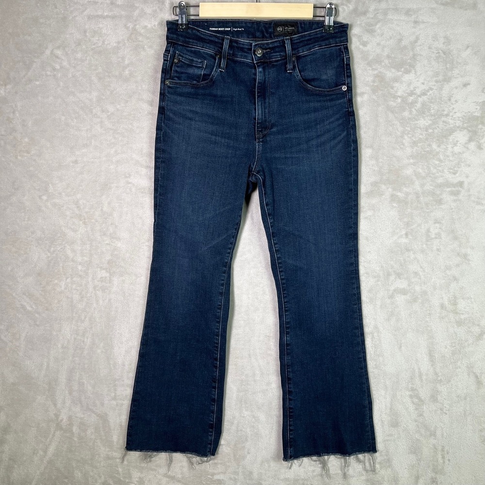 AG Adriano Goldschmied Farrah Boot Crop High Rise Jeans Dark Wash Raw‎ Hem 29